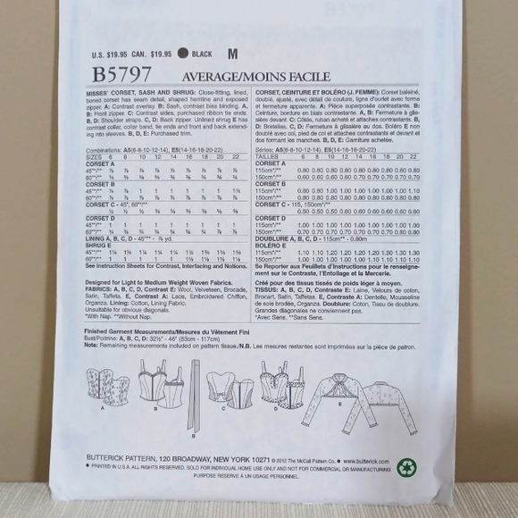 3 for $15 - Butterick Corset Tops Size 6-14 Pattern #B5797 - Picture 2 of 3